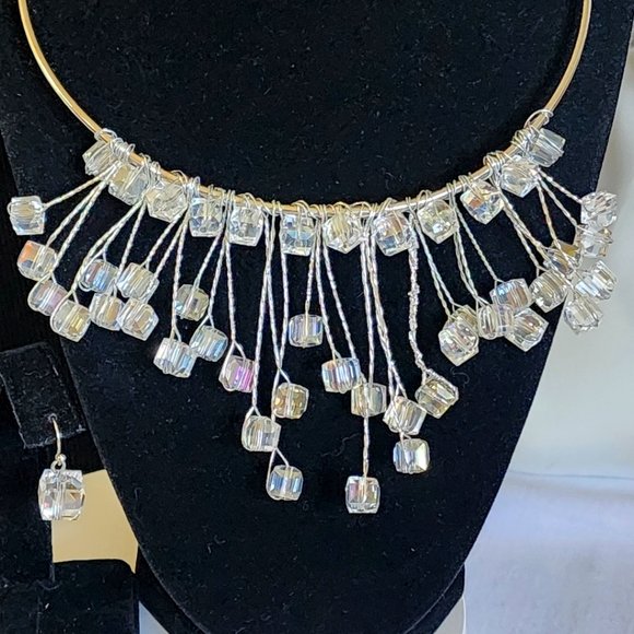 Silver Square Crystal and Wire Choker Necklace Earrings Set New - Picture 4 of 8